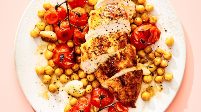 20-Minute Spiced Chicken With Tomatoes And Chickpeas Sheet Pan Dinner Recipe